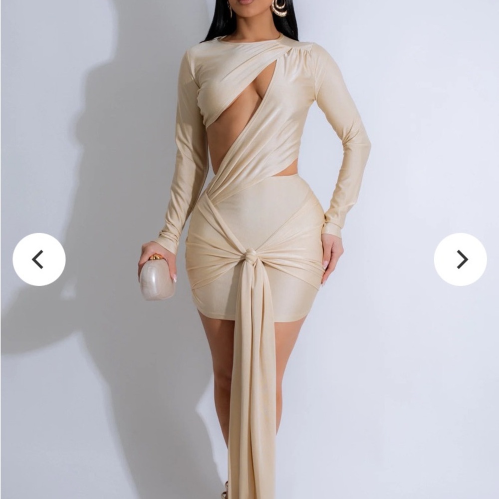 Fashion Nova Beige Asymmetrical Cutout Knot Front Bodycon Dress